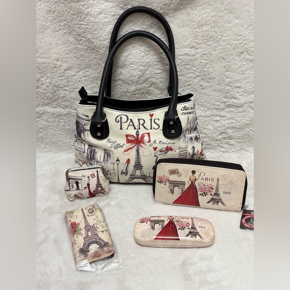 Paris Themed Shoulder Bag Set - Black and Cream - Picture 2 of 13